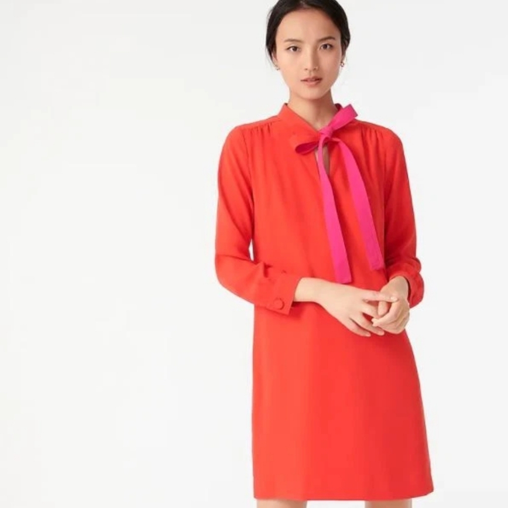 J. Crew Red Shift Dress with Pink Tie Neck